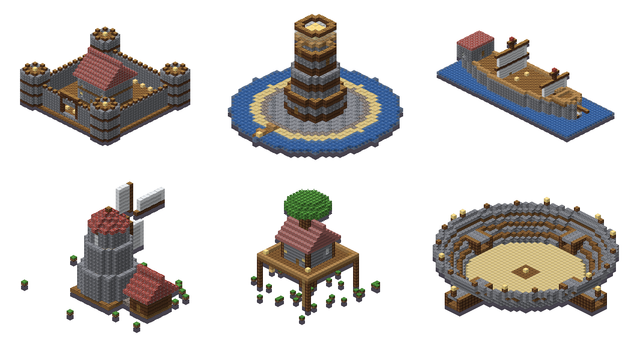 Six generated buildings: a castle, a lighthouse on an island, a ship, a windmill, a treehouse and an arena